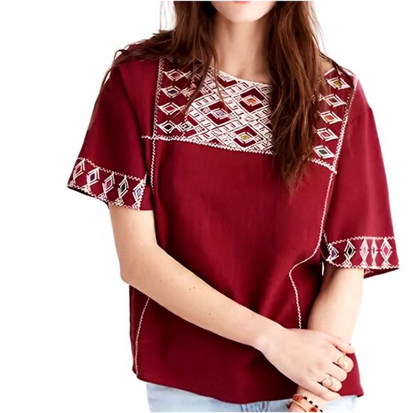 Madewell Red Embroidered Linen Blend Boxy Top sz XS - Picture 1 of 8